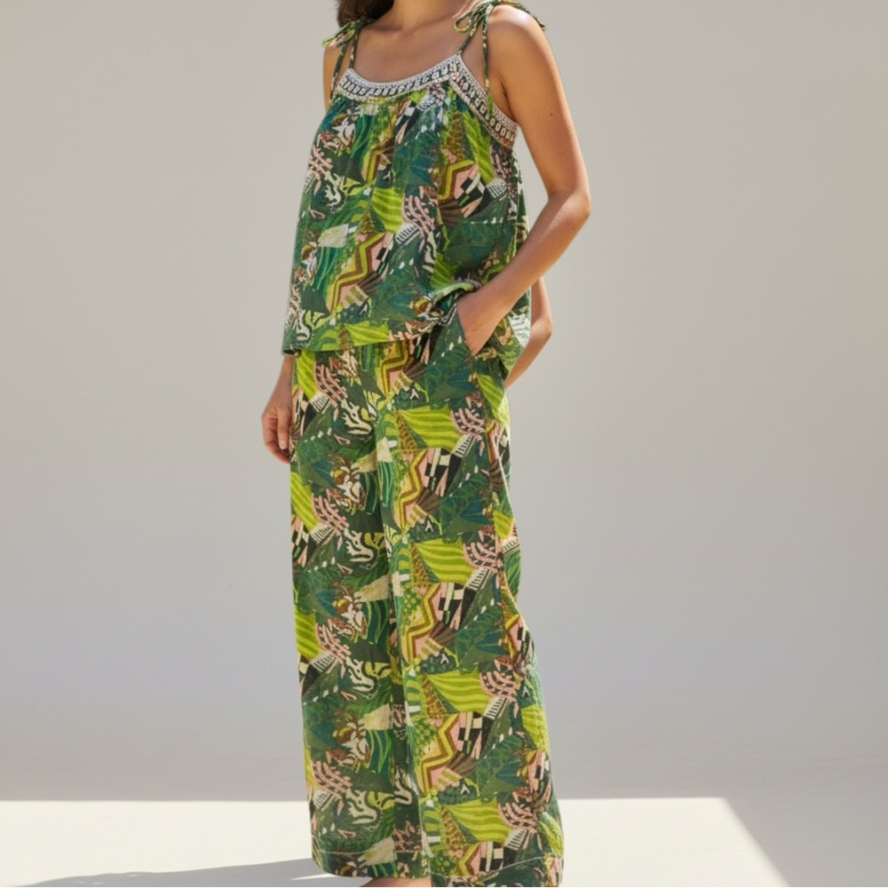 Haute Hippie Resort Set L/XL Beaded Camisole & Drawstring Wide Leg Pants Green